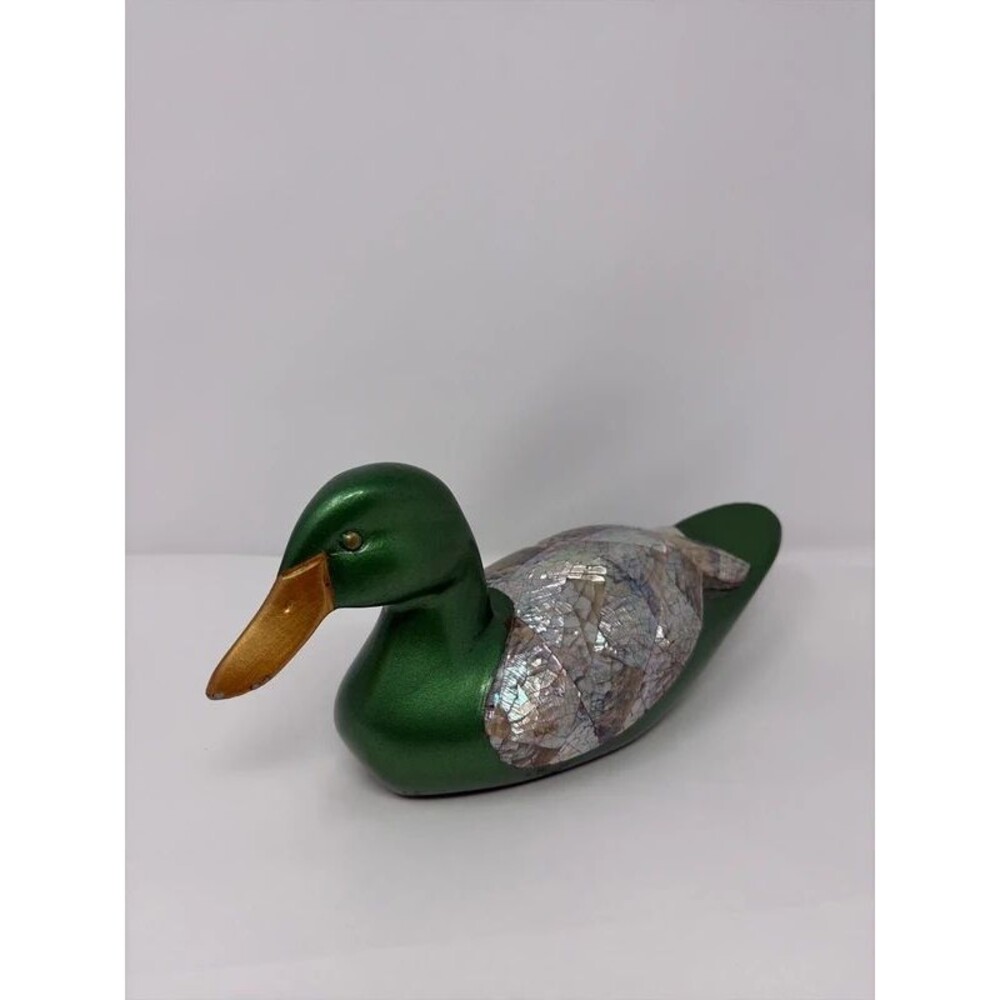 Vintage Wood Duck Figurine Metallic Lacquer Mother of Pearl Mosaic Wing read